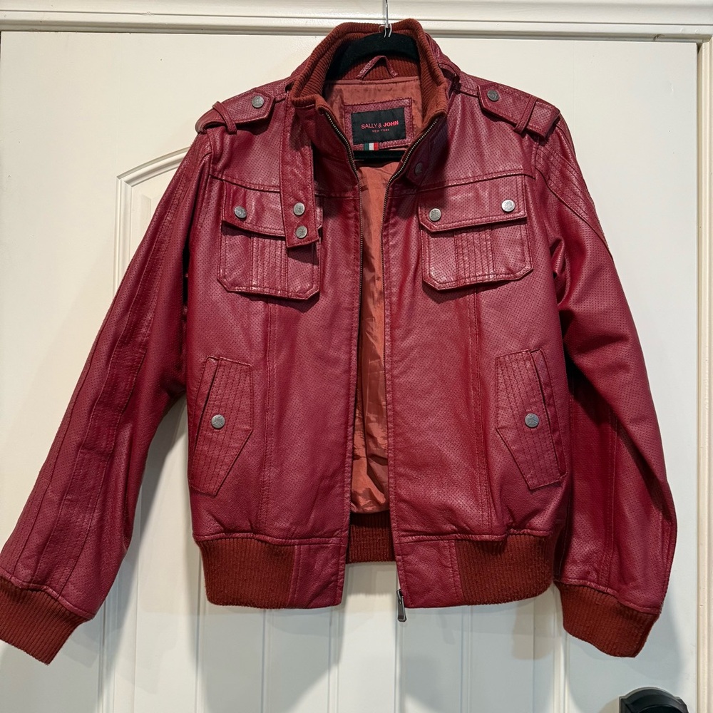 Sally & John New York Men Red Bomber Leather Jacket Italy Small